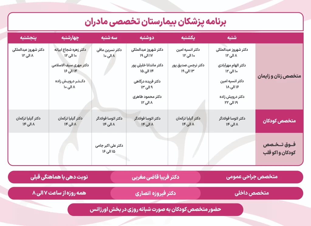 برنامه پزشکان بیمارستان تخصصی مادران